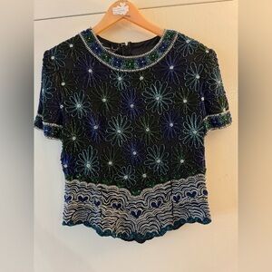 Laurence Kazar Silk Sequins Beaded Evening Top - Blue/Green/Black